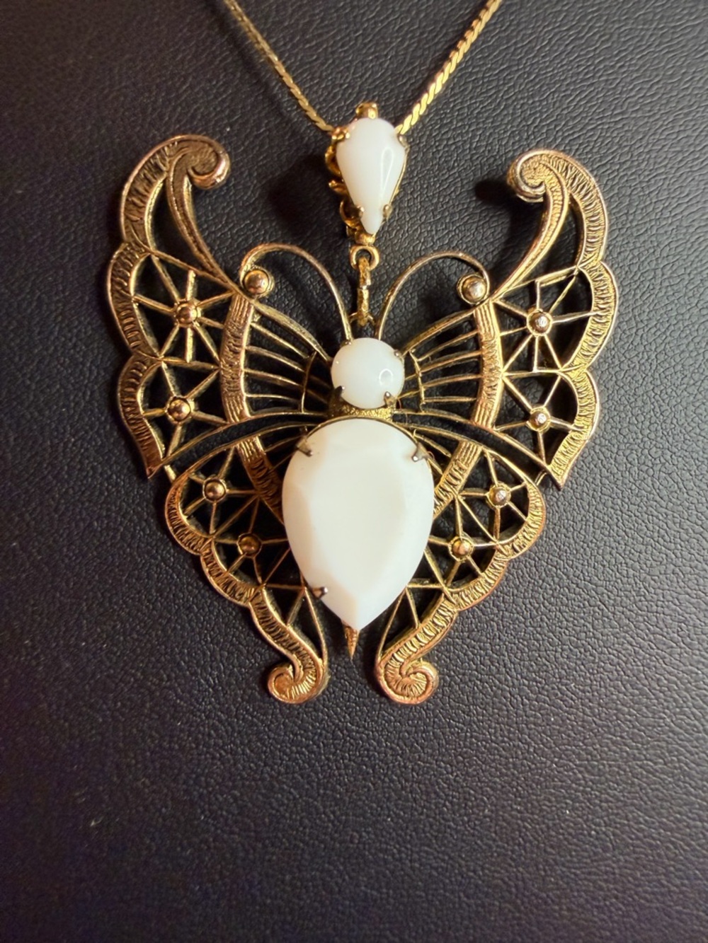 Vintage Monet Milk Glass and Gold Butterfly Pendant Necklace